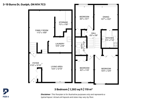 Floor plan for 3 beds, 1 bath, 1283 sqft